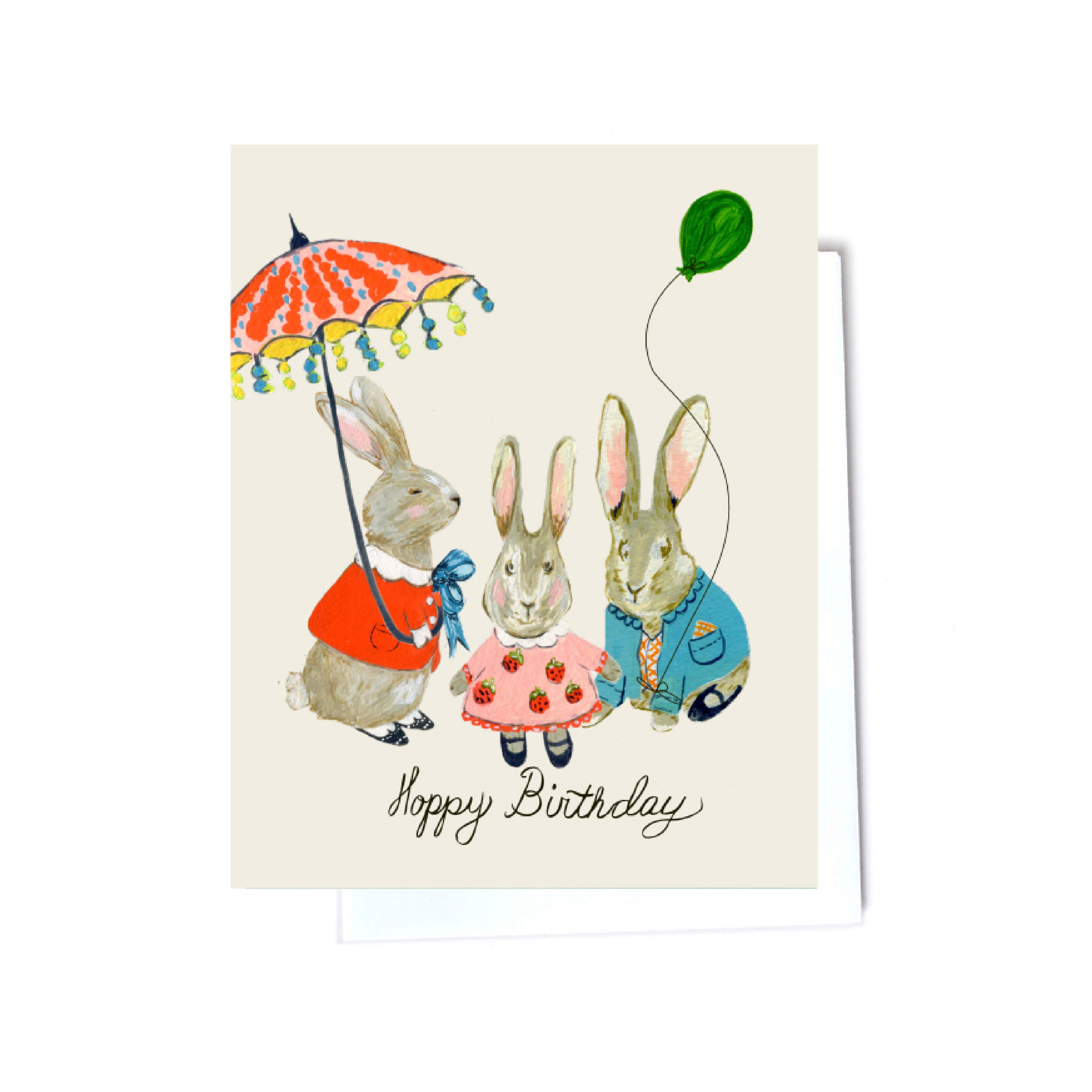 bunnies and umbrella whimsical birthday cards front