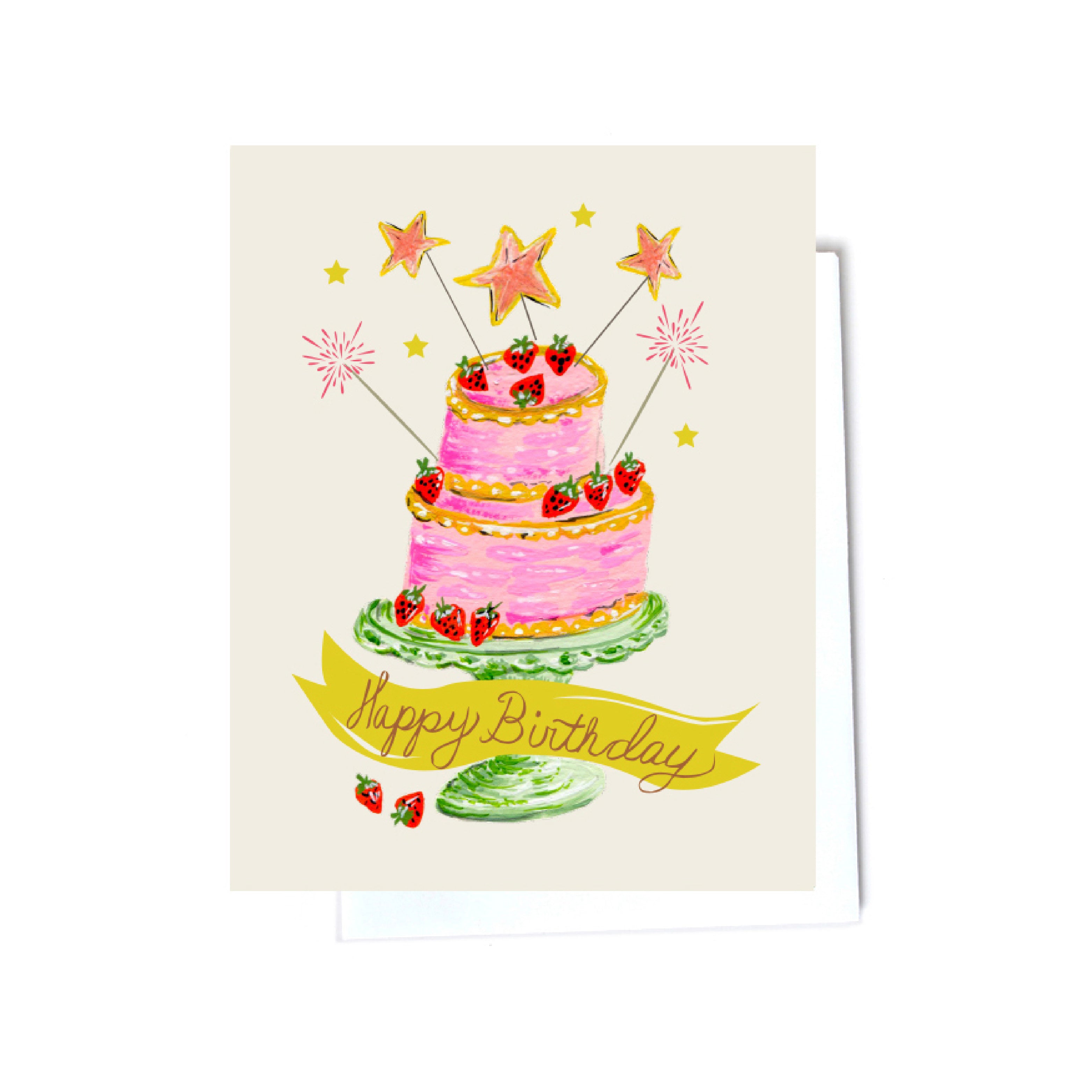 cake with strawberries and sparklers whimsical birthday cards front