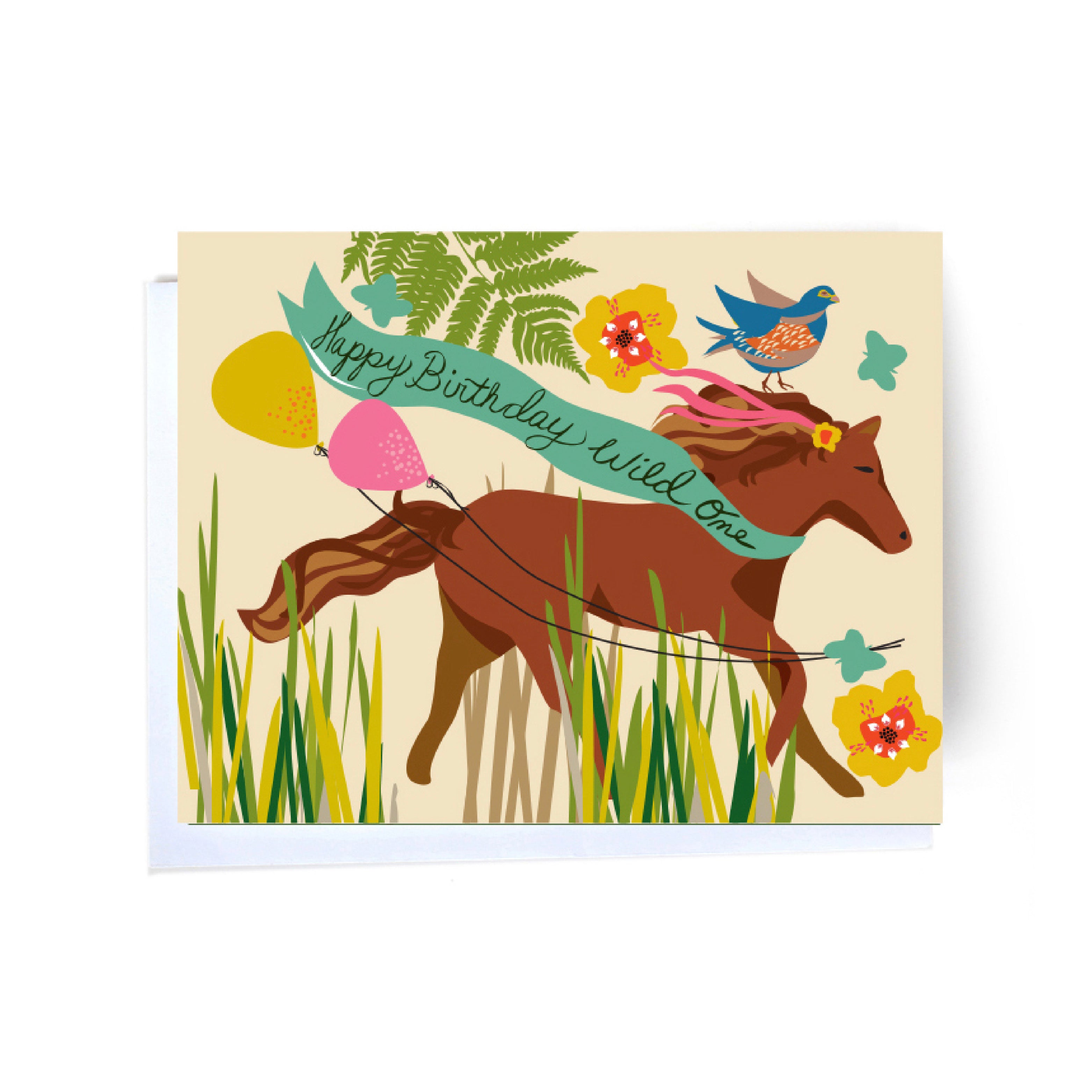 horse, bird, flower whimsical birthday cards front