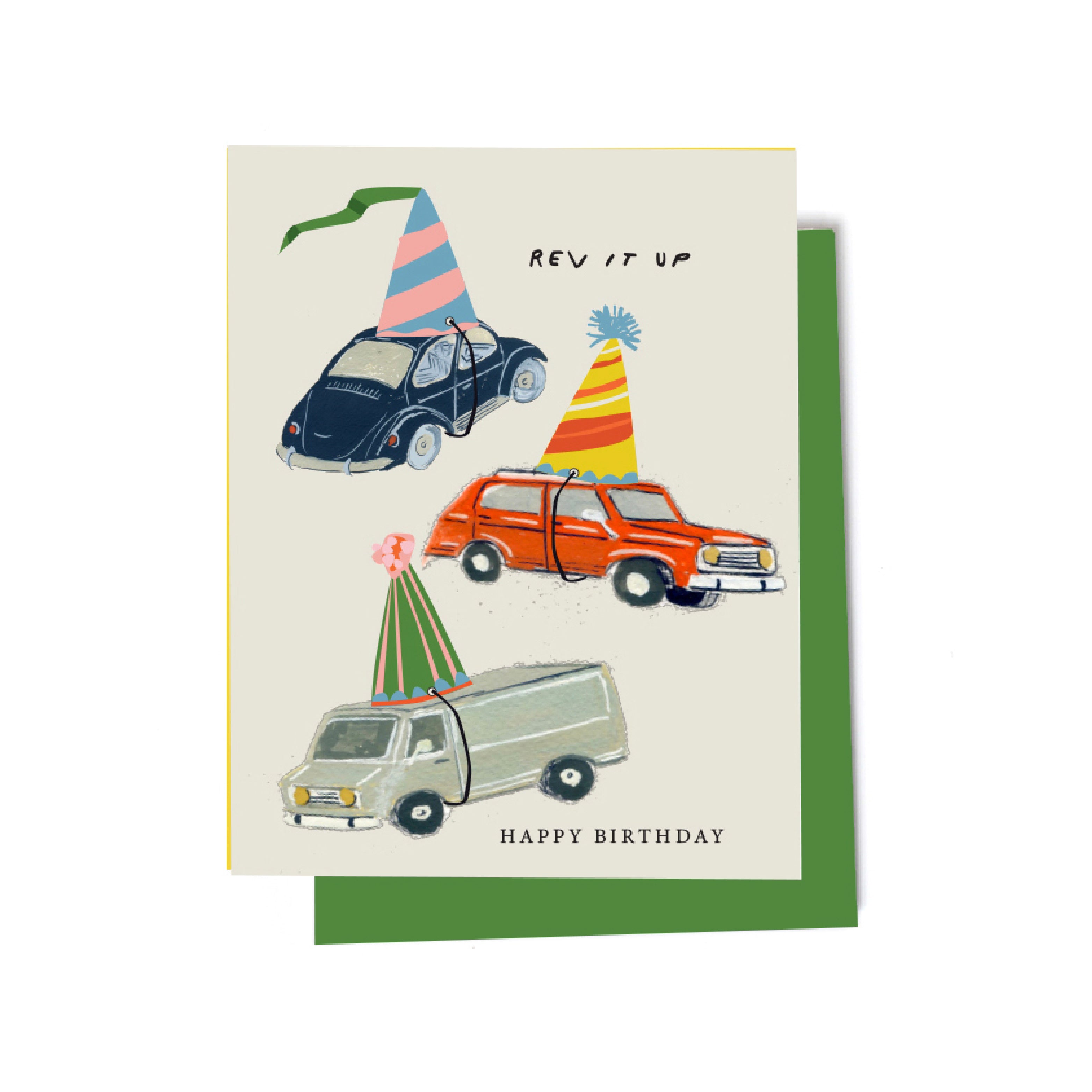 car and birthday hat, whimsical birthday cards front