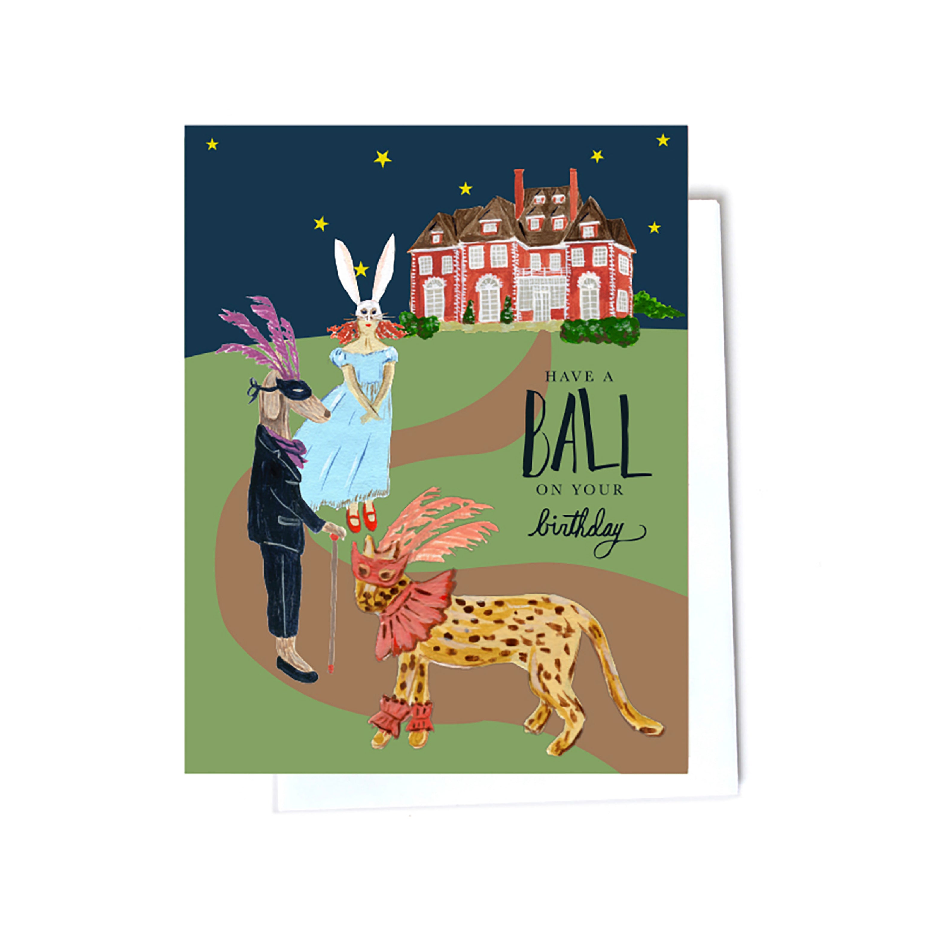 Masquerade with cheetah whimsical birthday cards front