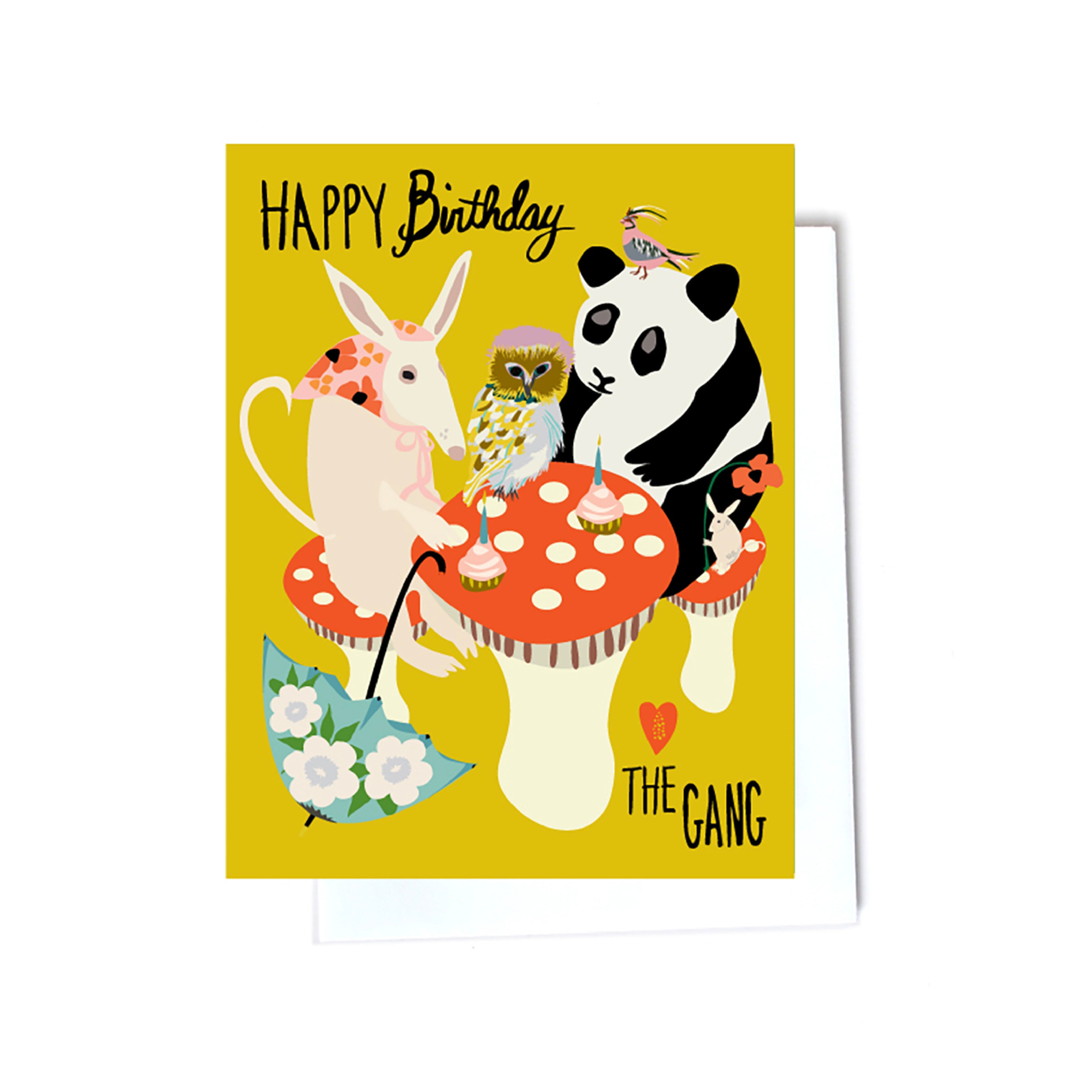 panda, owl, mushroom whimsical birthday cards front