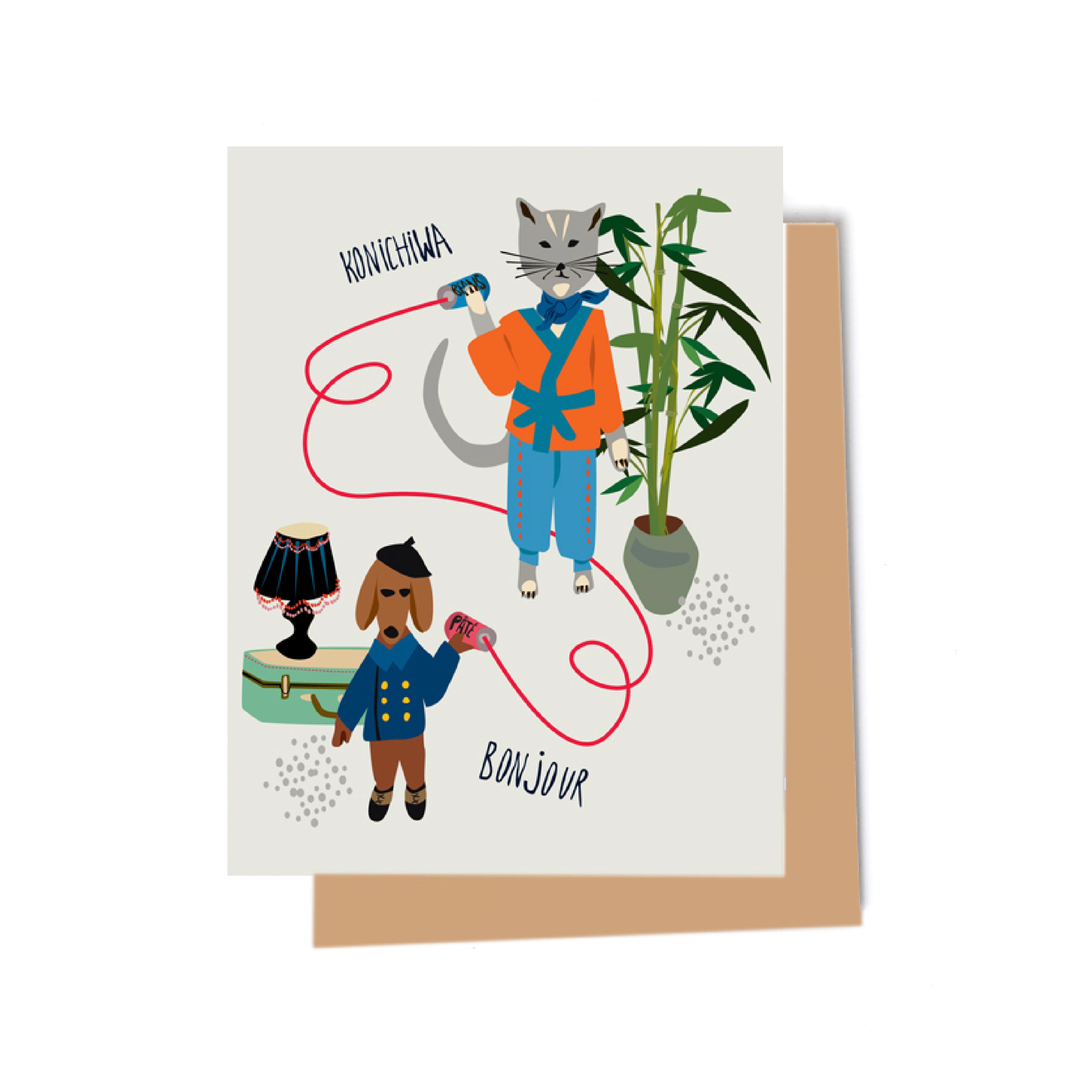 Konichiwa and bonjour illustrated cards front